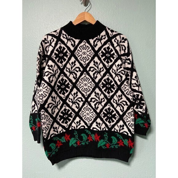 Vintage Unisex Sweater Exchange Black and White Mistletoe Pattern Sweater Small - Picture 1 of 11